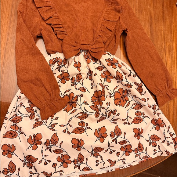 Other - Size 8 girls brown/white ribbed ruffle dress with long sleeves & floral skirt